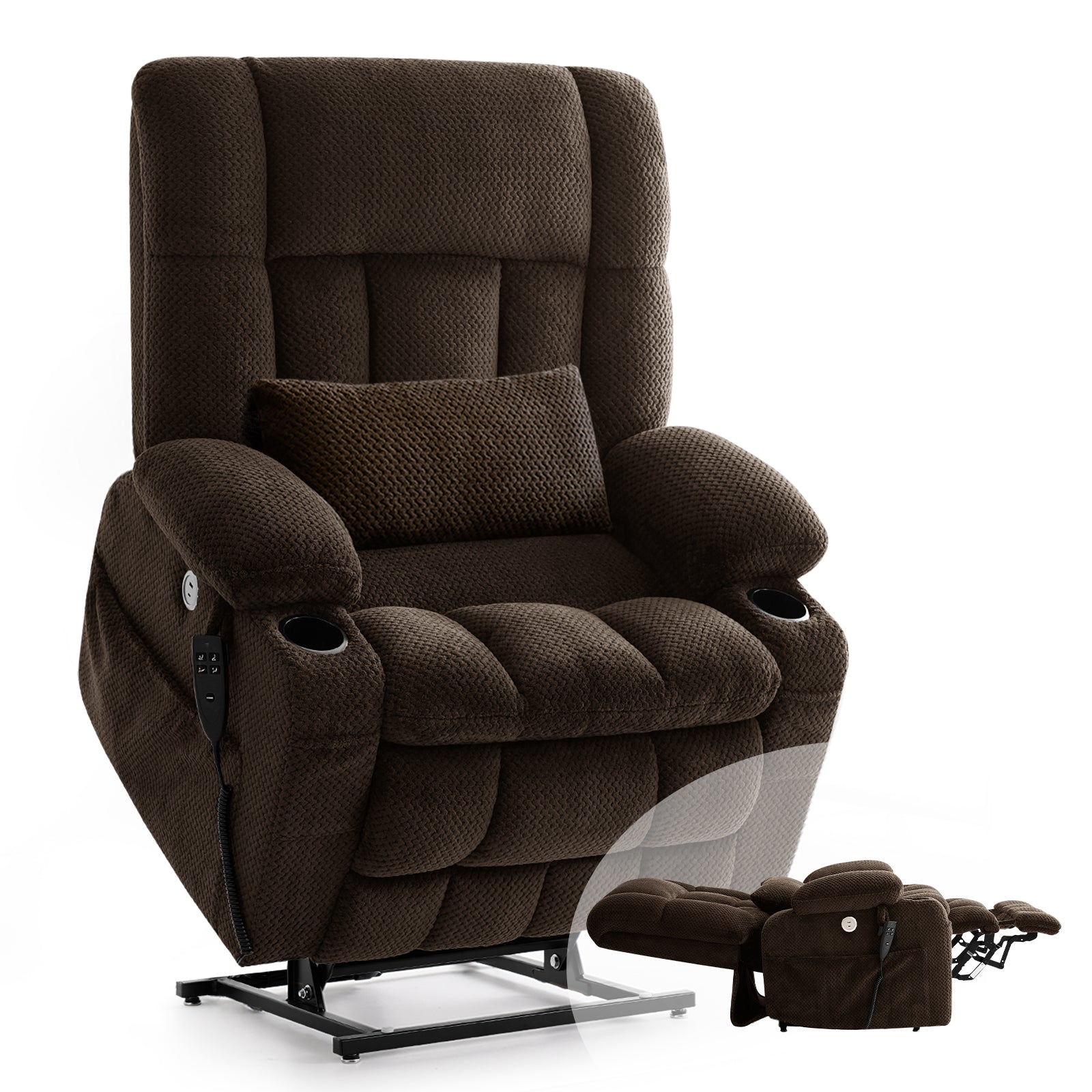 Dual Motor Power Lift Recliner Chair for Elderly – Oversized Lay‑Flat Design with Infinite Position, Massage & Heat, Cup Holders, Lumbar Pillow, One‑Touch Reset, and USB/Type‑C Charging Fabric,brown