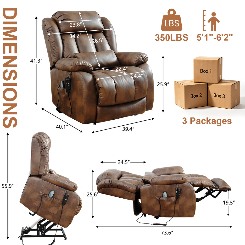 TEKAMON Infinite Position Lift Recliner Chair for Elderly with Heat Massage and Extended Footrest Lay Flat Sleeping Leather Dual Motor Power Lift Chair for Living Room (Ochre)