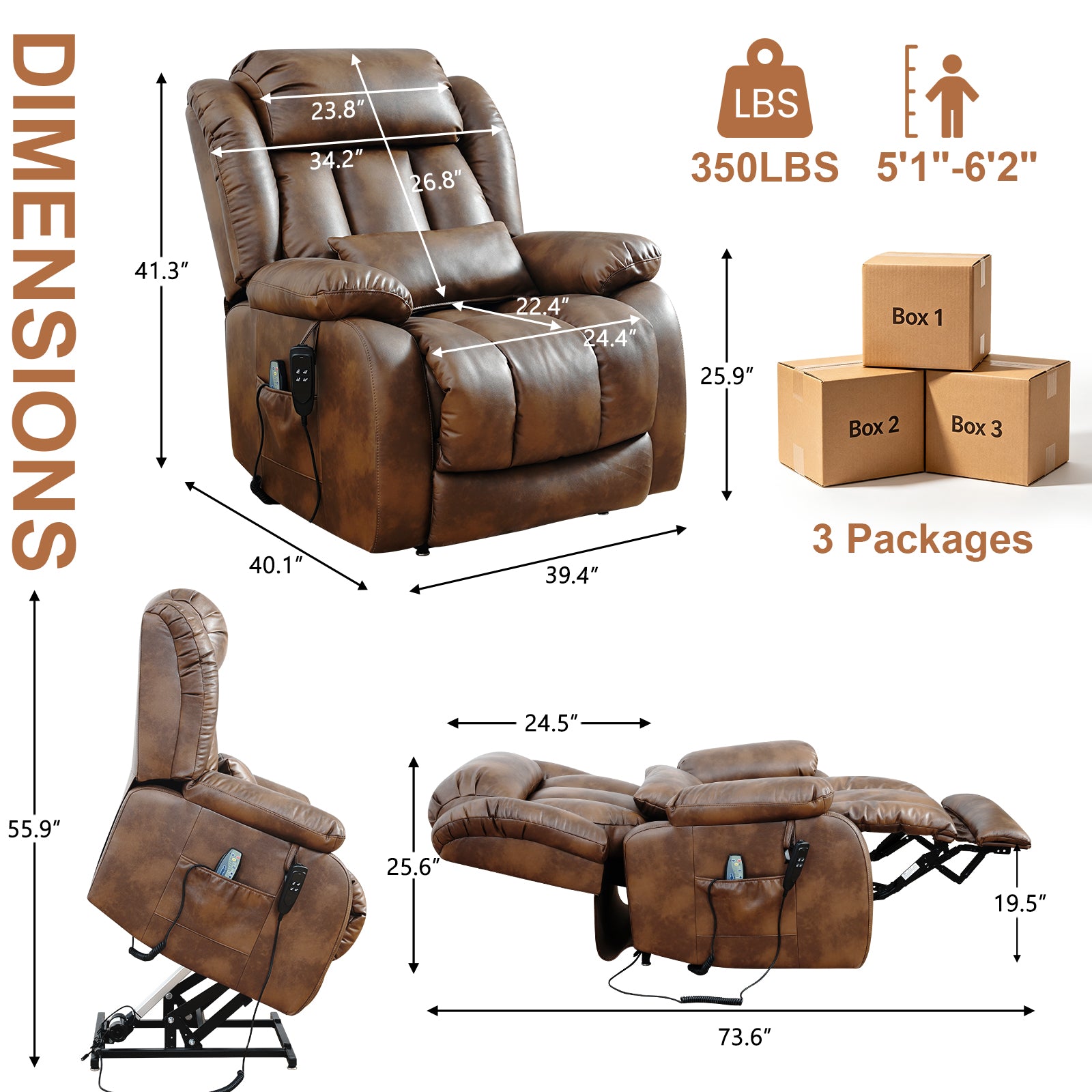 TEKAMON Infinite Position Lift Recliner Chair for Elderly with Heat Massage and Extended Footrest Lay Flat Sleeping Leather Dual Motor Power Lift Chair for Living Room (Ochre)