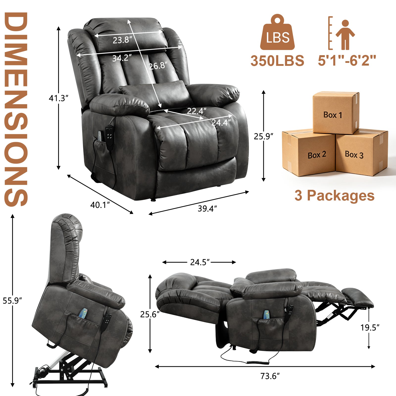 TEKAMON Infinite Position Lift Recliner Chair for Elderly with Heat Massage and Extended Footrest Lay Flat Sleeping Leather Dual Motor Power Lift Chair for Living Room (Black)