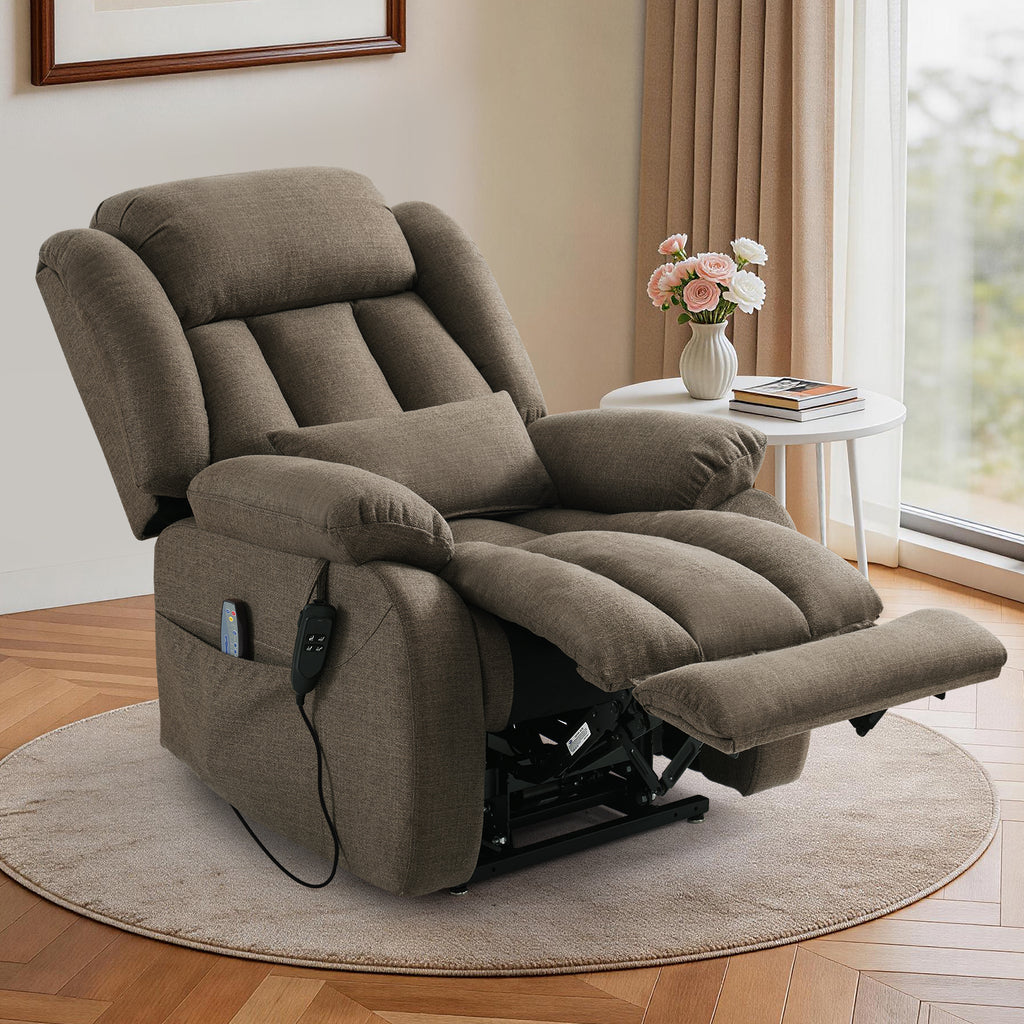 TEKAMON Infinite Position Lift Recliner Chair for Elderly with Heat and Massage Lay Flat Sleeping Power Lift Chair, Linen Fabric, Brown