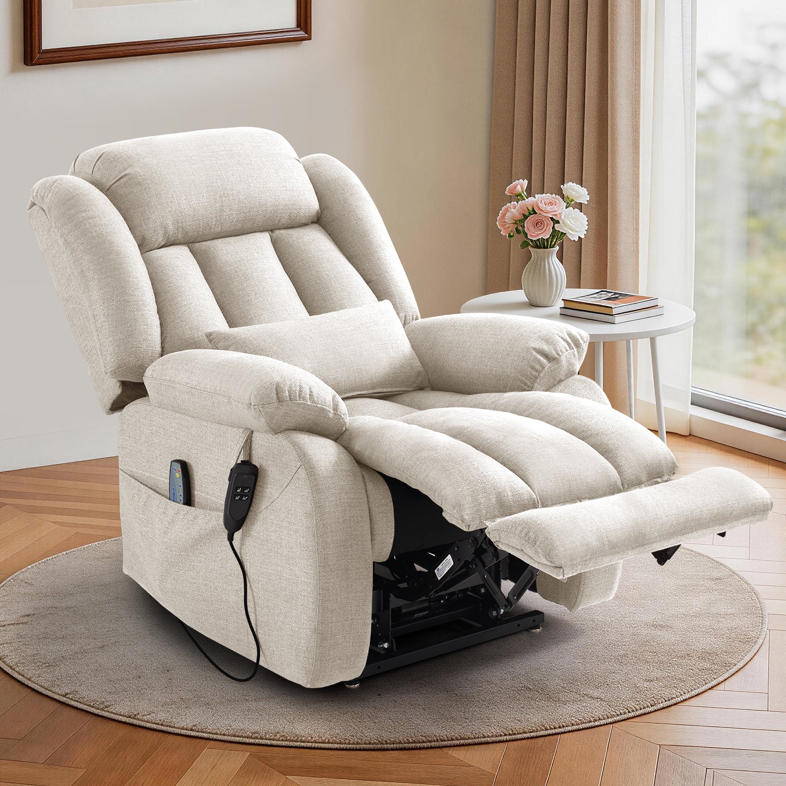 TEKAMON Infinite Position Lift Recliner Chair for Elderly with Heat and Massage Lay Flat Sleeping Power Lift Chair, Linen Fabric, Beige