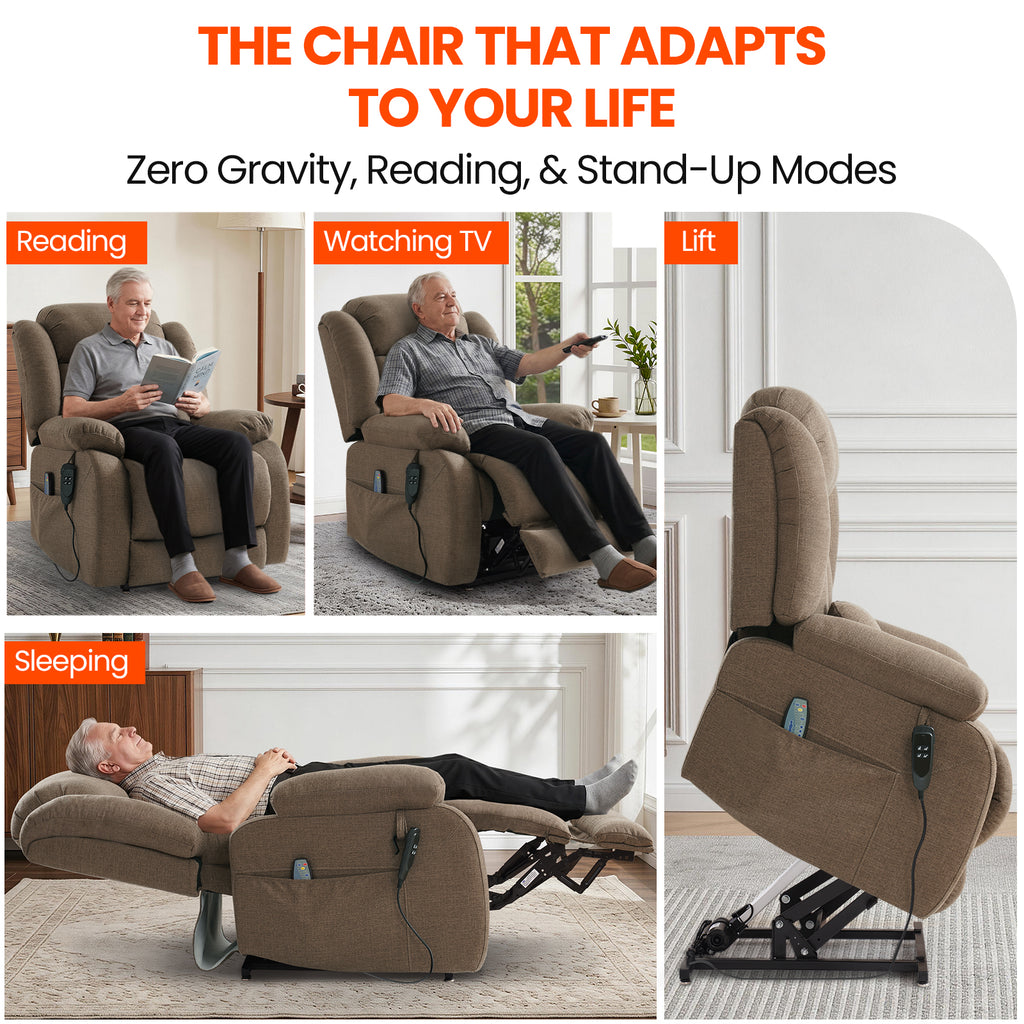 TEKAMON Infinite Position Lift Recliner Chair for Elderly with Heat and Massage Lay Flat Sleeping Power Lift Chair, Linen Fabric, Brown