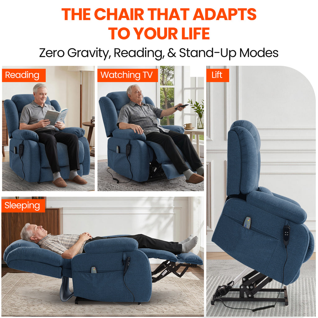 TEKAMON Infinite Position Lift Recliner Chair for Elderly with Heat and Massage Lay Flat Sleeping Power Lift Chair, Linen Fabric, Blue