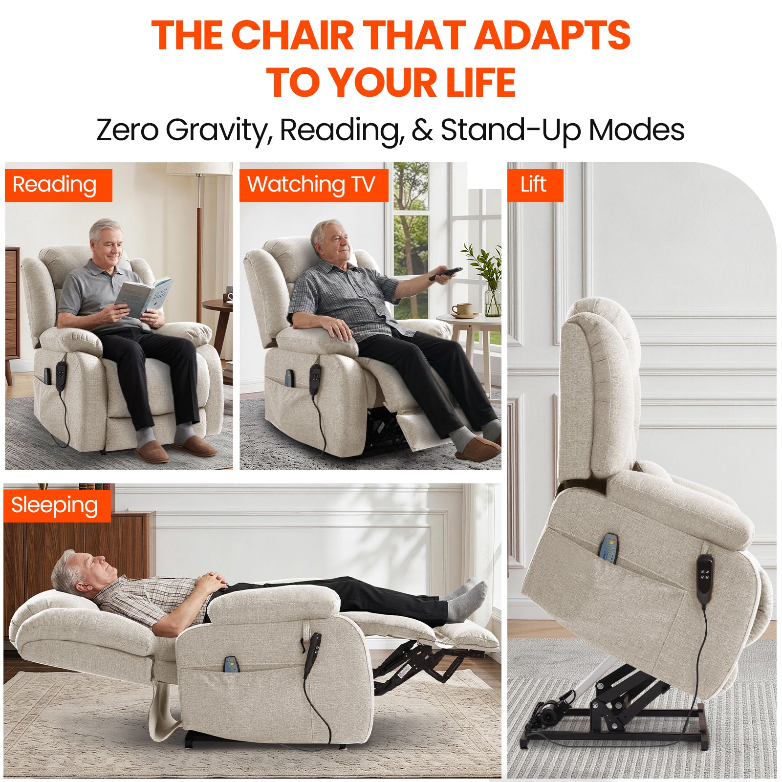 TEKAMON Infinite Position Lift Recliner Chair for Elderly with Heat and Massage Lay Flat Sleeping Power Lift Chair, Linen Fabric, Beige