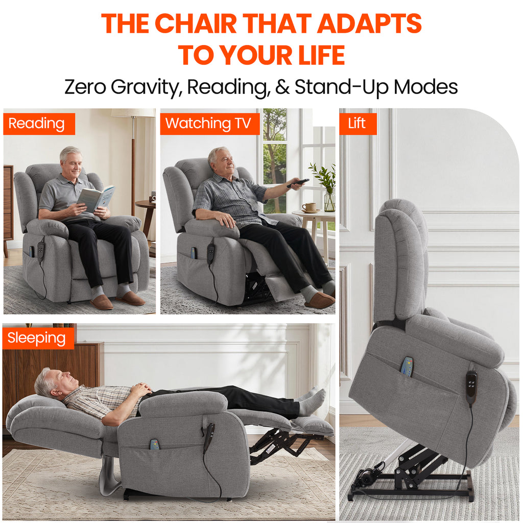 TEKAMON Infinite Position Lift Recliner Chair for Elderly with Heat and Massage Lay Flat Sleeping Power Lift Chair, Linen Fabric, Grey