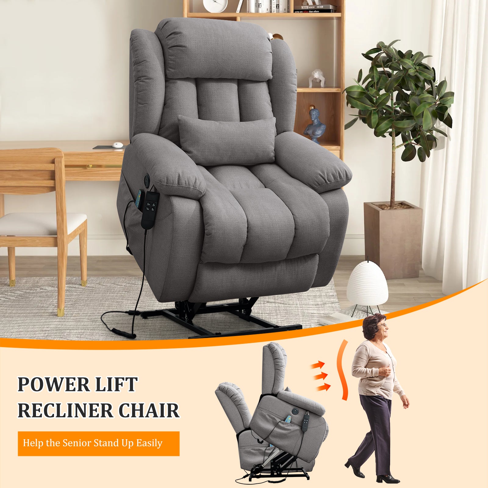 TEKAMON Infinite Position Lift Recliner Chair for Elderly with Heat and Massage Lay Flat Sleeping Power Lift Chair, Linen Fabric, Grey