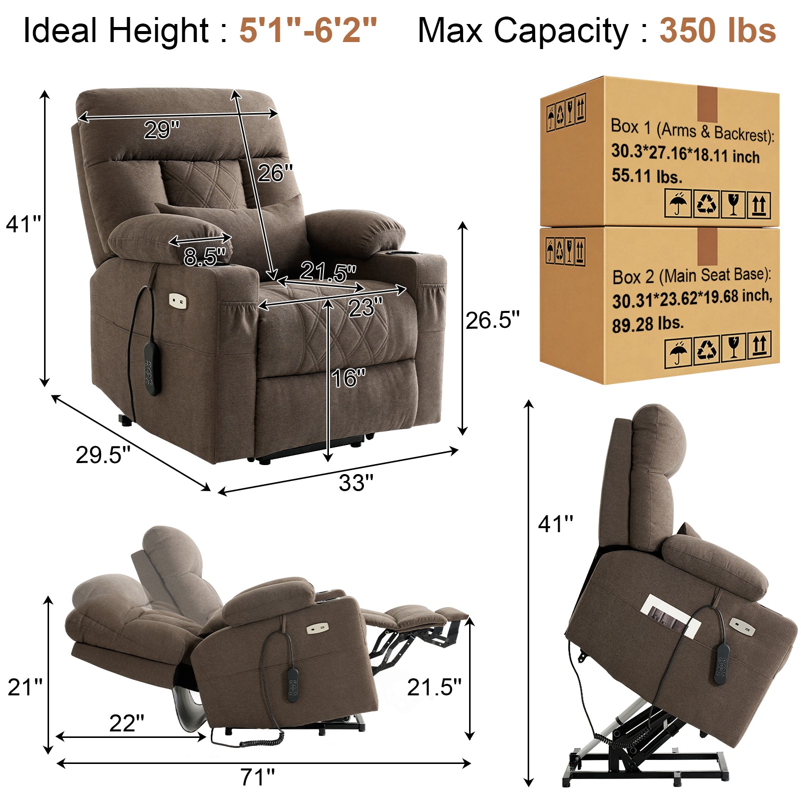 TEKAMON Power Lift Recliner Chair for Elderly - Adjustable Headrest, Three Motor, Infinite Positions, Built-in Massage and Heating, USB Ports, Cup Holders - Brown