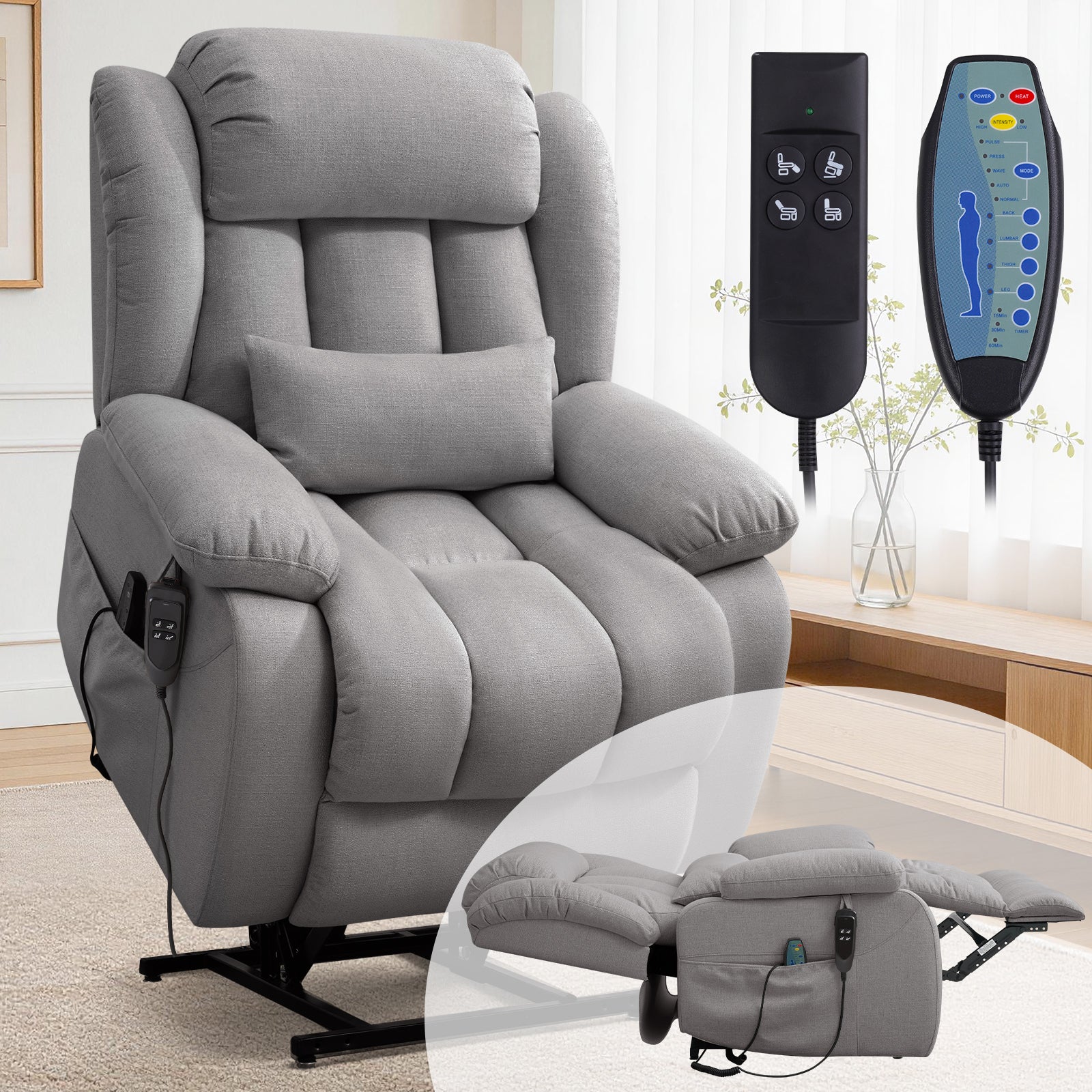 TEKAMON Infinite Position Lift Recliner Chair for Elderly with Heat and Massage Lay Flat Sleeping Power Lift Chair, Linen Fabric, Grey