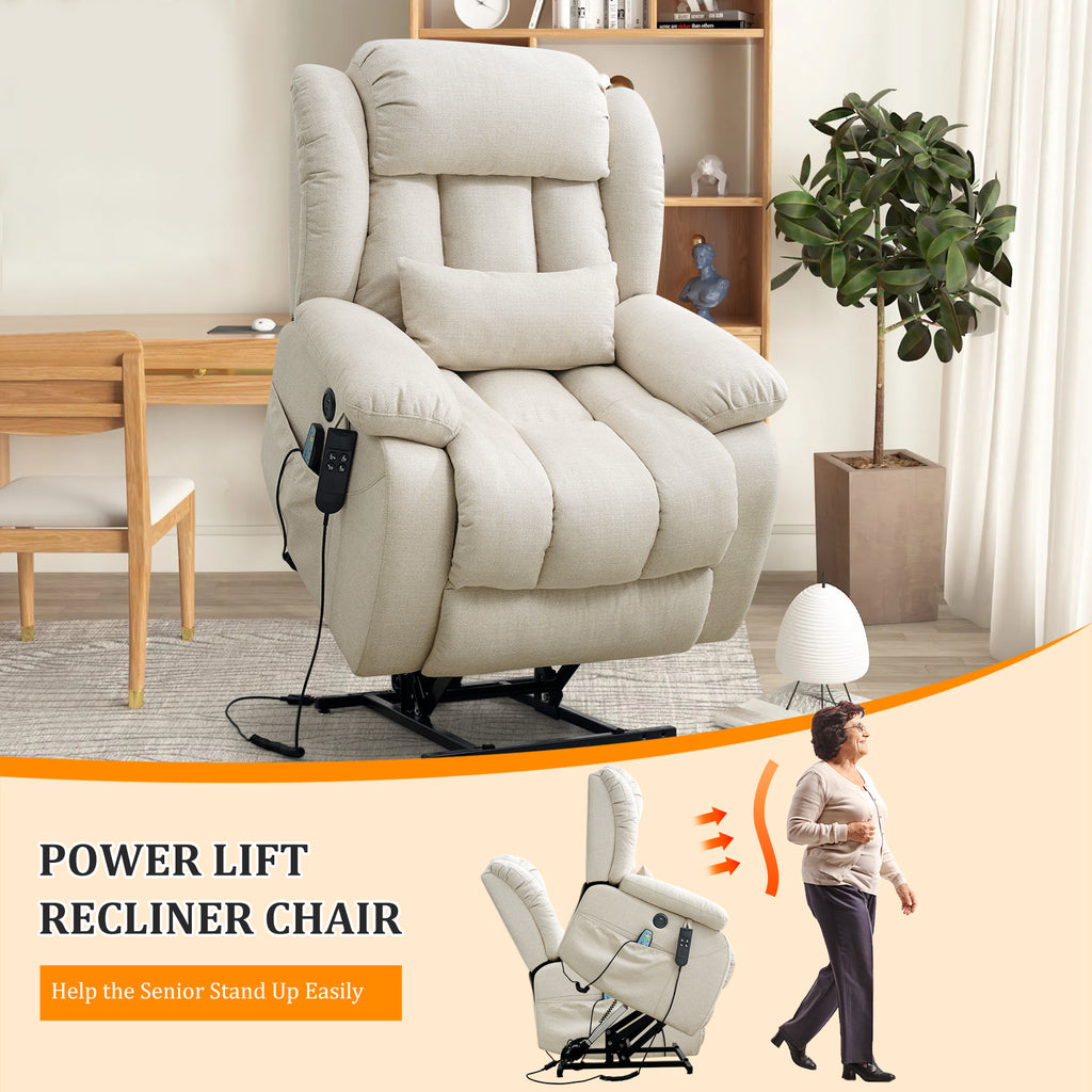 TEKAMON Infinite Position Lift Recliner Chair for Elderly with Heat and Massage Lay Flat Sleeping Power Lift Chair, Linen Fabric, Beige