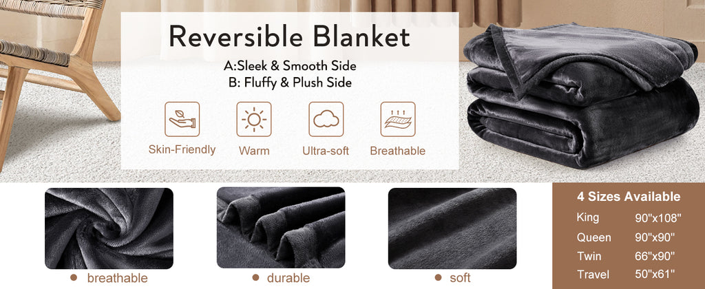 TEKAMON Fleece Bed Blankets King Size Plush Fuzzy Soft Lightweight Breathable Reversible Blanket Microfiber, 90"x108", Grey