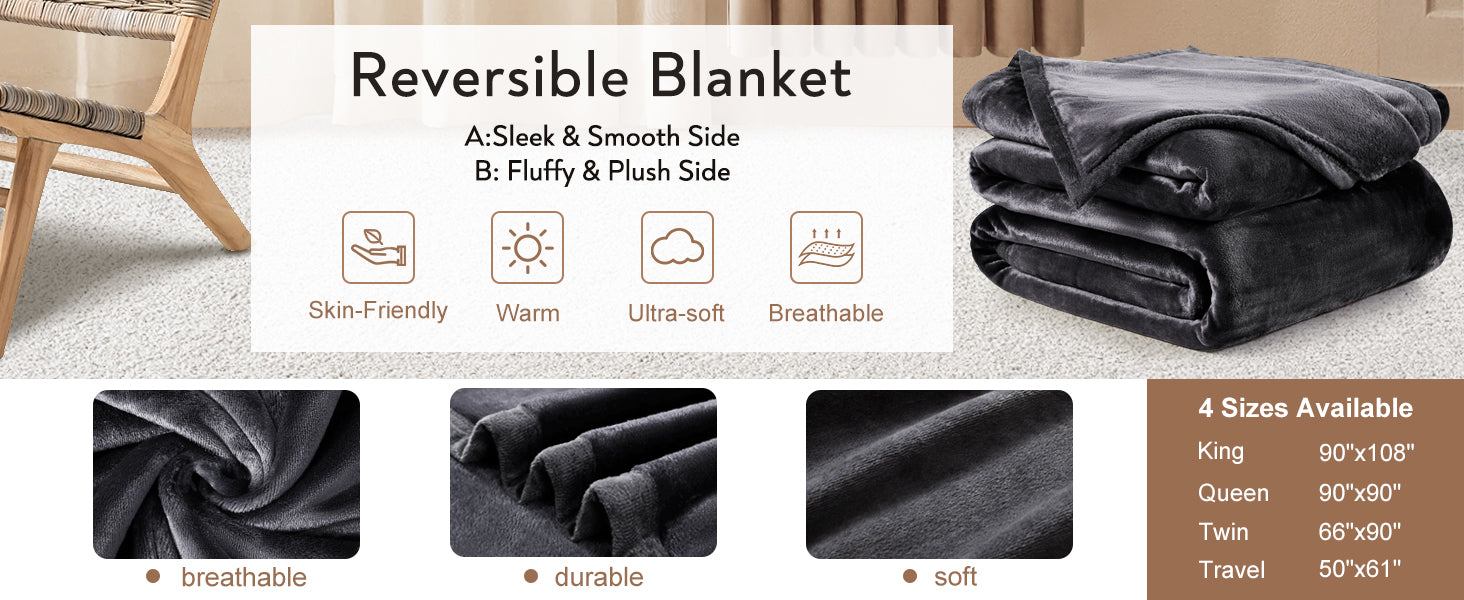 TEKAMON Fleece Bed Blankets King Size Plush Fuzzy Soft Lightweight Breathable Reversible Blanket Microfiber, 90"x108", Grey