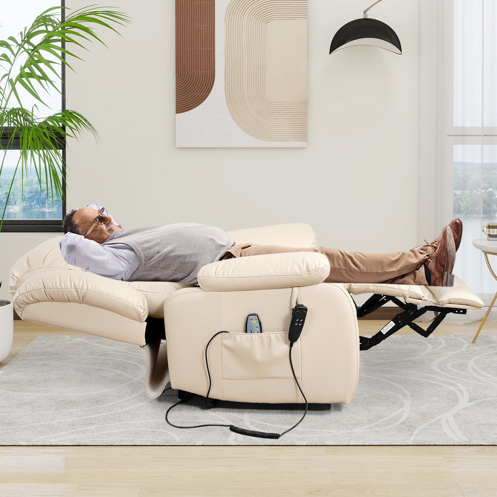 TEKAMON Infinite Position Lift Recliner Chair for Elderly with Heat Massage and Extended Footrest Lay Flat Sleeping Leather Dual Motor Power Lift Chair for Living Room (Beige)