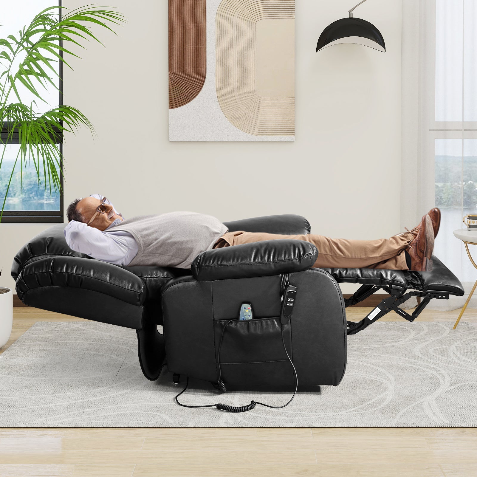TEKAMON Infinite Position Lift Recliner Chair for Elderly with Heat Massage and Extended Footrest Lay Flat Sleeping Leather Dual Motor Power Lift Chair for Living Room (Black)