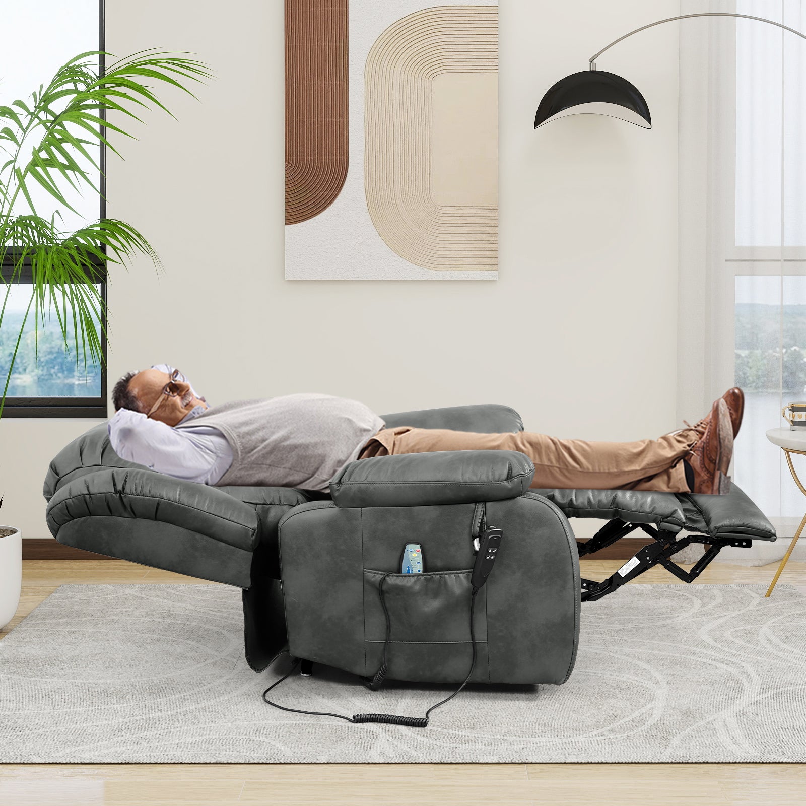 TEKAMON Infinite Position Lift Recliner Chair for Elderly with Heat Massage and Extended Footrest Lay Flat Sleeping Leather Dual Motor Power Lift Chair for Living Room (Grey)