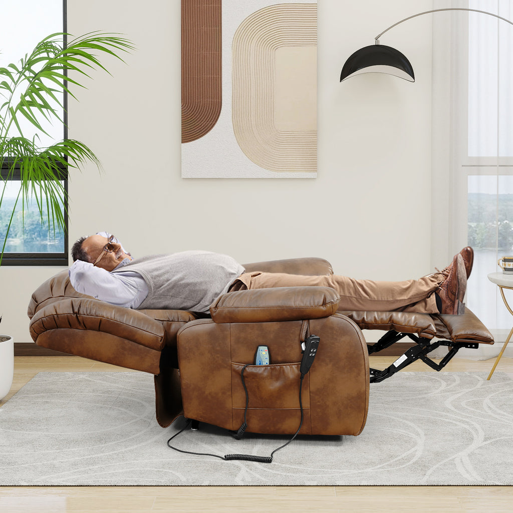 TEKAMON Infinite Position Lift Recliner Chair for Elderly with Heat Massage and Extended Footrest Lay Flat Sleeping Leather Dual Motor Power Lift Chair for Living Room (Ochre)
