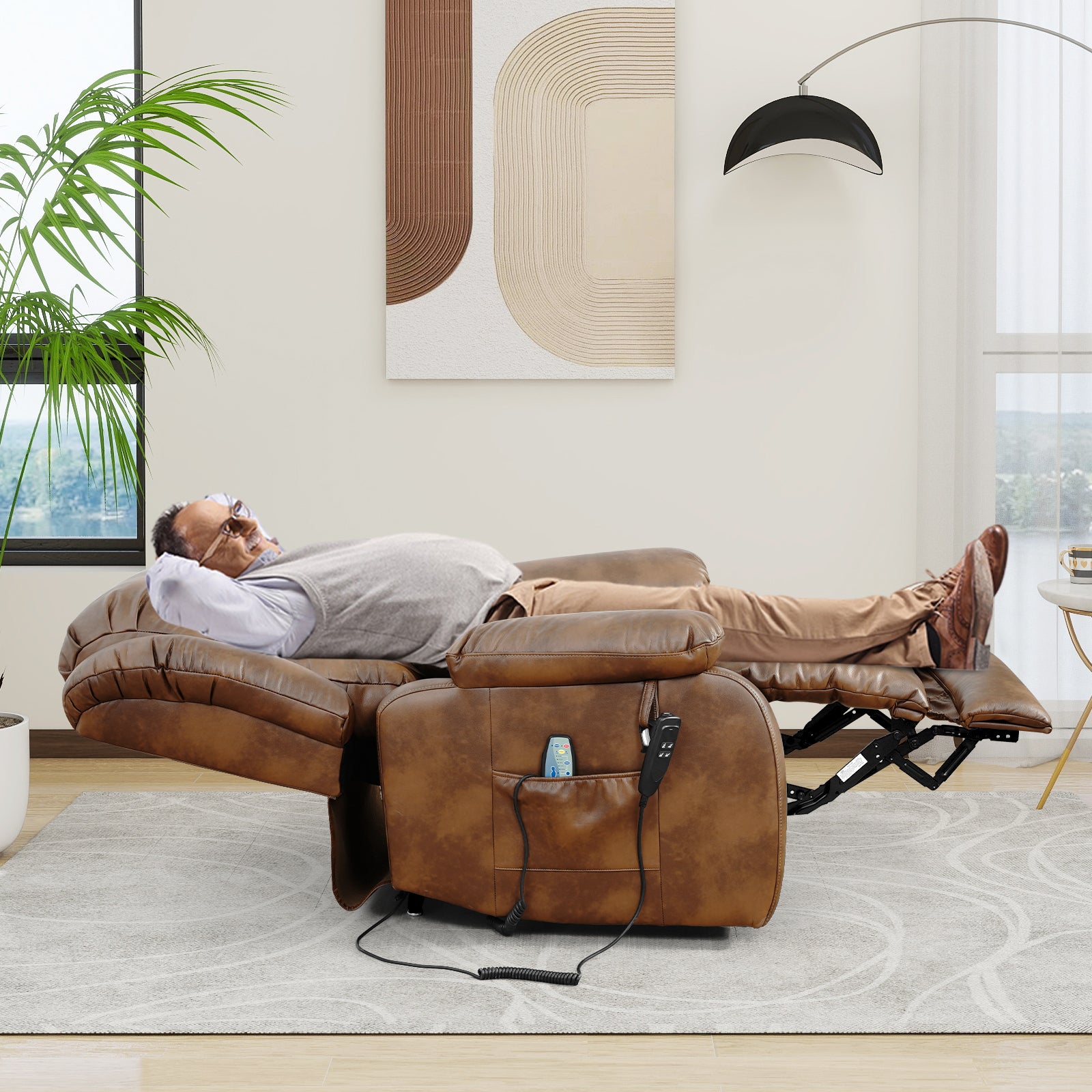 TEKAMON Infinite Position Lift Recliner Chair for Elderly with Heat Massage and Extended Footrest Lay Flat Sleeping Leather Dual Motor Power Lift Chair for Living Room (Ochre)