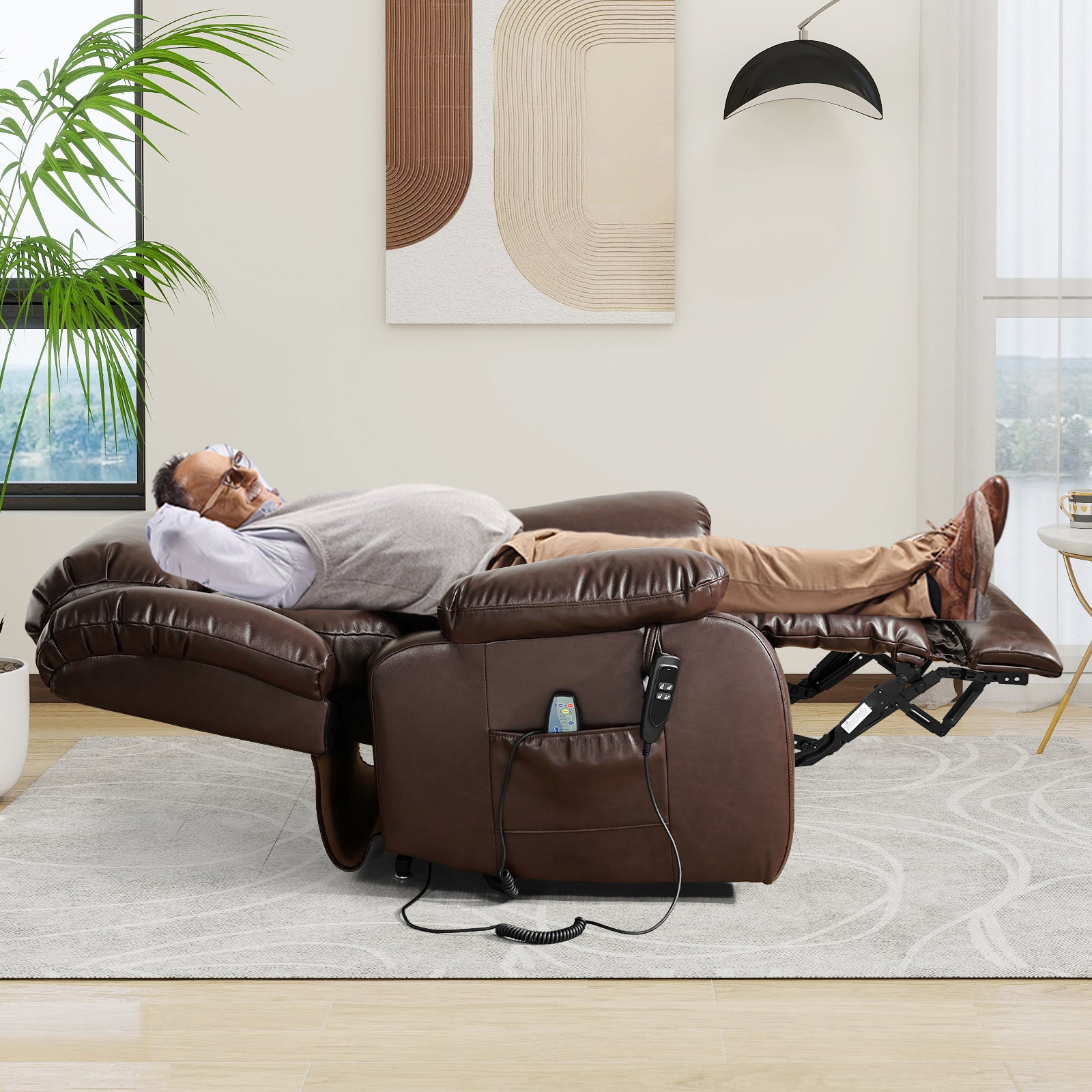 TEKAMON Power Lift Chair Recliner for Elderly with Heat and Massage, Lay Flat Sleeping Recliner Dual Motor Infinite Position Leather Lift Chair for Living Room (Brown)