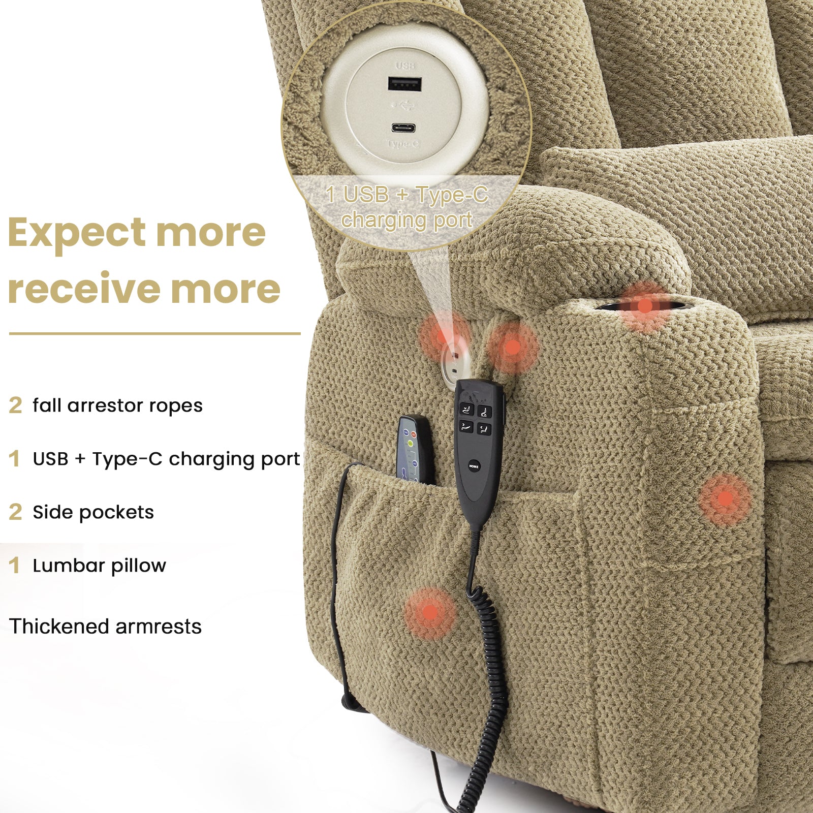Dual Motor Power Lift Recliner Chair for Elderly – Oversized Lay‑Flat Design with Infinite Position, Massage & Heat, Cup Holders, Lumbar Pillow, One‑Touch Reset, and USB/Type‑C Charging Fabric,Beige