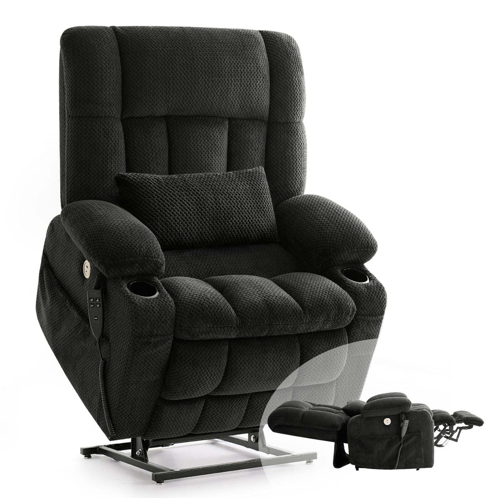 Dual Motor Power Lift Recliner Chair for Elderly – Oversized Lay‑Flat Design with Infinite Position, Massage & Heat, Cup Holders, Lumbar Pillow, One‑Touch Reset, and USB/Type‑C Charging Fabric,Grey（副本）