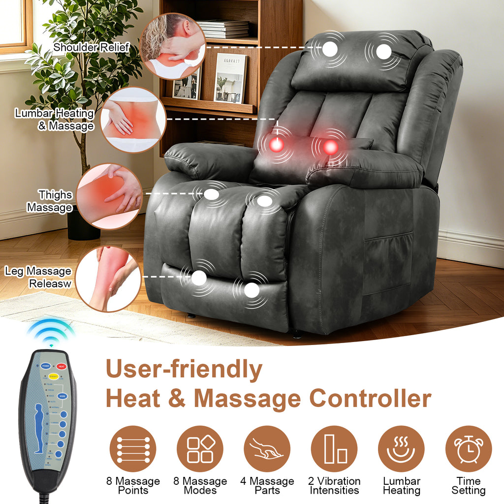 TEKAMON Infinite Position Lift Recliner Chair for Elderly with Heat Massage and Extended Footrest Lay Flat Sleeping Leather Dual Motor Power Lift Chair for Living Room (Grey)