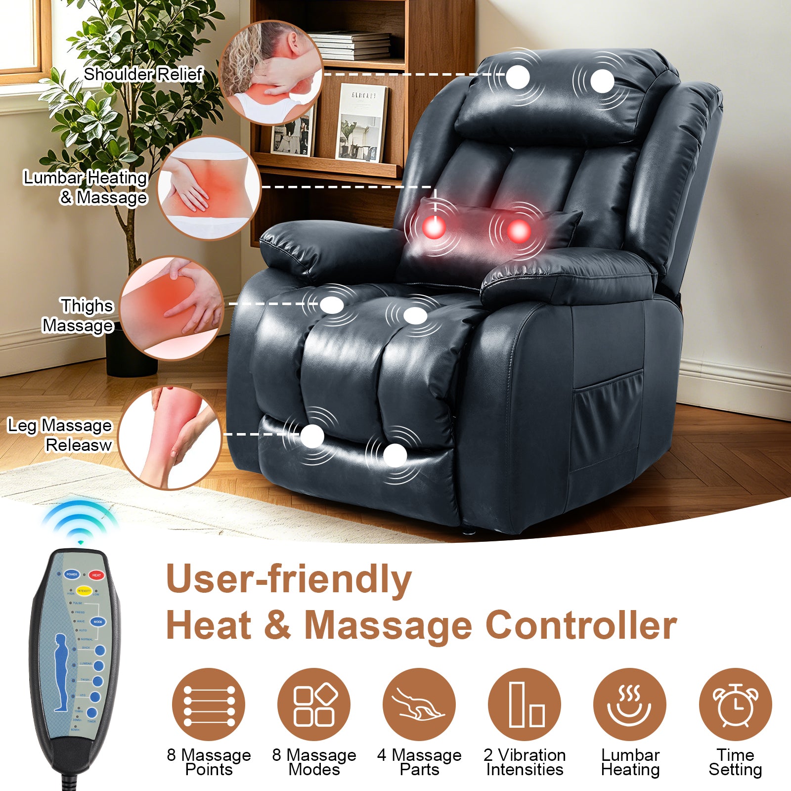 TEKAMON Infinite Position Lift Recliner Chair for Elderly with Heat Massage and Extended Footrest Lay Flat Sleeping Leather Dual Motor Power Lift Chair for Living Room (Blue)