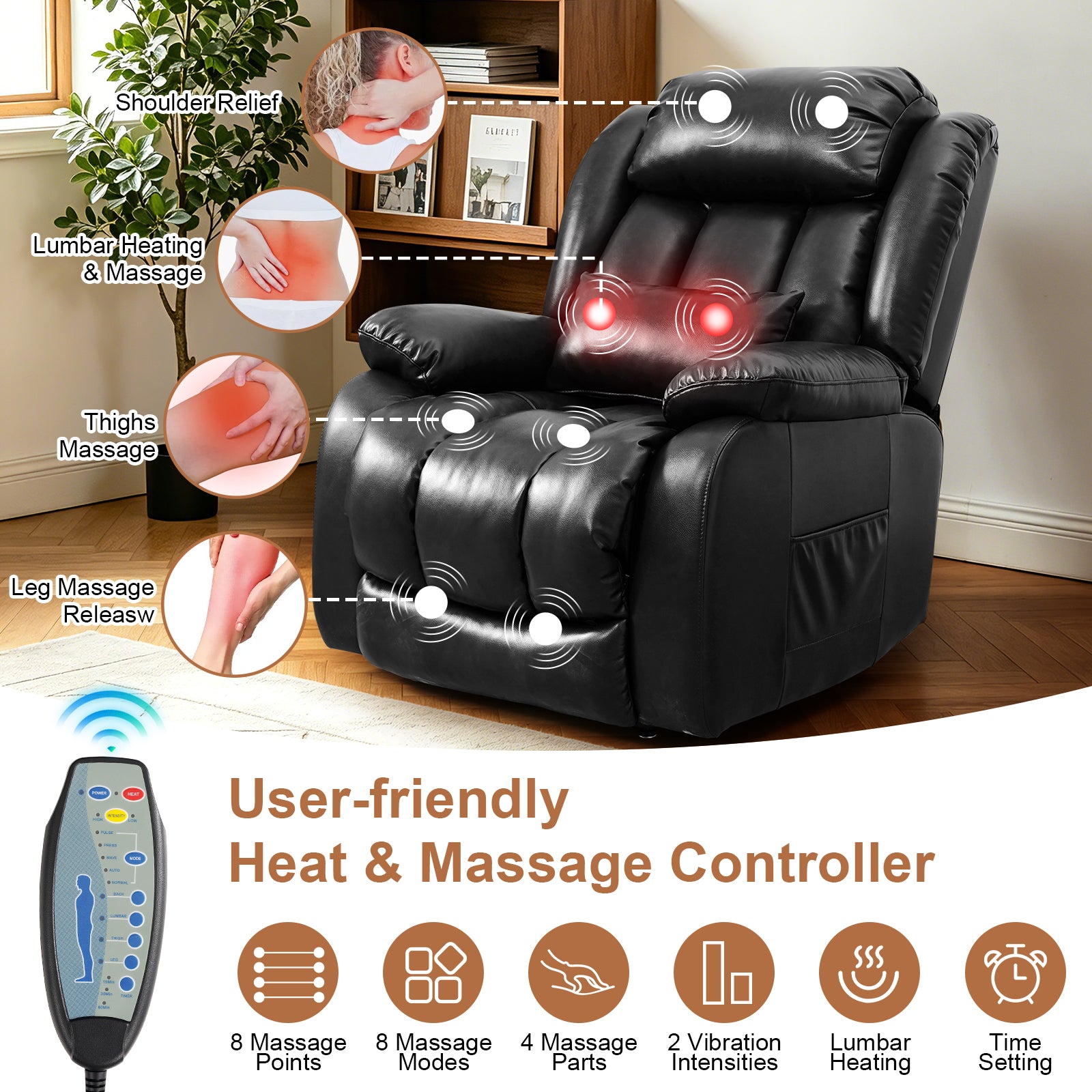 TEKAMON Infinite Position Lift Recliner Chair for Elderly with Heat Massage and Extended Footrest Lay Flat Sleeping Leather Dual Motor Power Lift Chair for Living Room (Black)