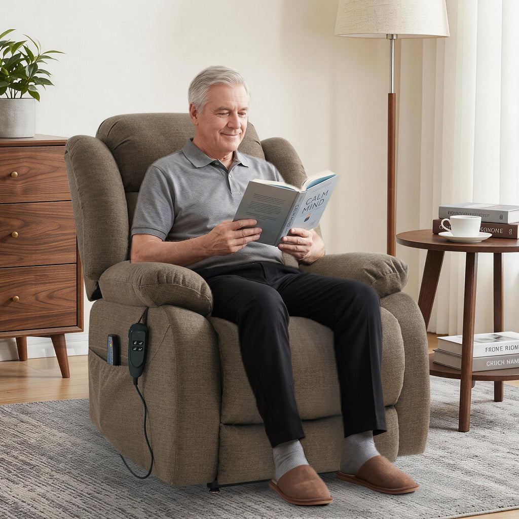 TEKAMON Infinite Position Lift Recliner Chair for Elderly with Heat and Massage Lay Flat Sleeping Power Lift Chair, Linen Fabric, Brown
