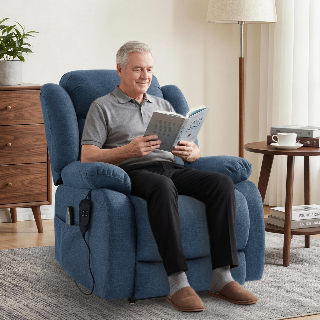 TEKAMON Infinite Position Lift Recliner Chair for Elderly with Heat and Massage Lay Flat Sleeping Power Lift Chair, Linen Fabric, Blue
