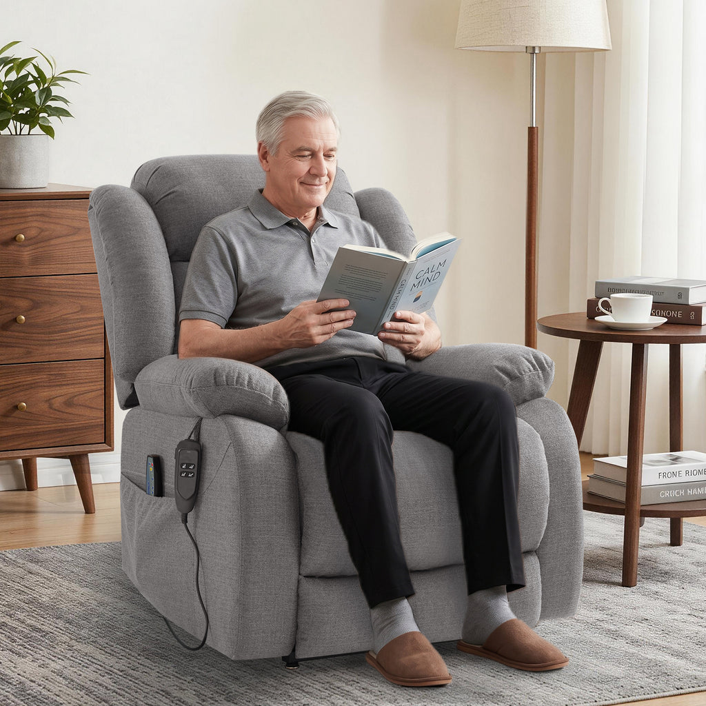 TEKAMON Infinite Position Lift Recliner Chair for Elderly with Heat and Massage Lay Flat Sleeping Power Lift Chair, Linen Fabric, Grey