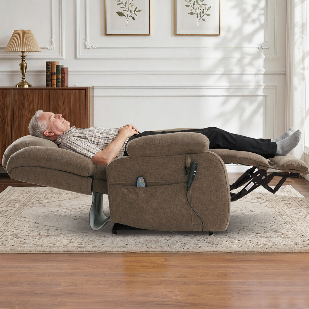 TEKAMON Infinite Position Lift Recliner Chair for Elderly with Heat and Massage Lay Flat Sleeping Power Lift Chair, Linen Fabric, Brown