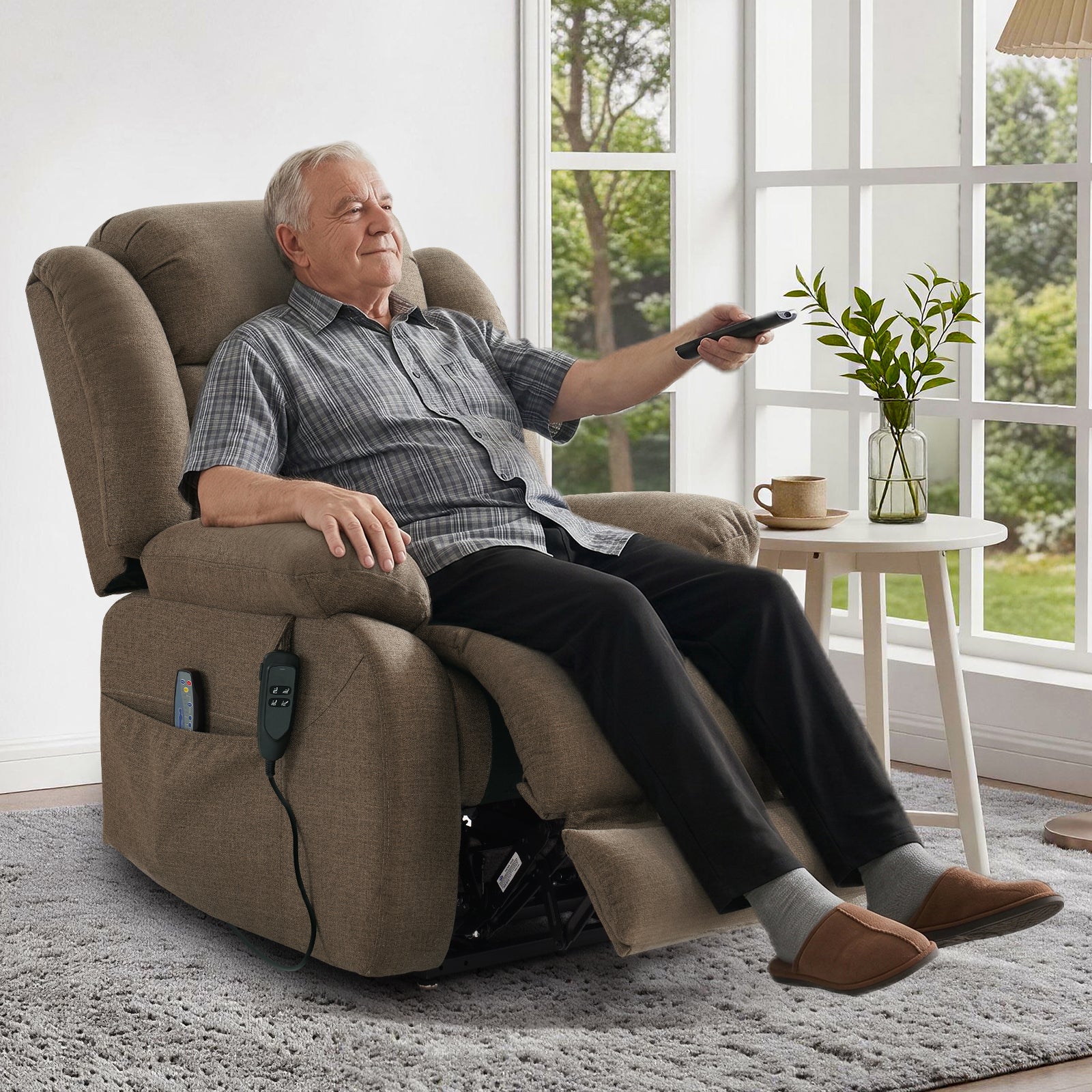 TEKAMON Infinite Position Lift Recliner Chair for Elderly with Heat and Massage Lay Flat Sleeping Power Lift Chair, Linen Fabric, Brown