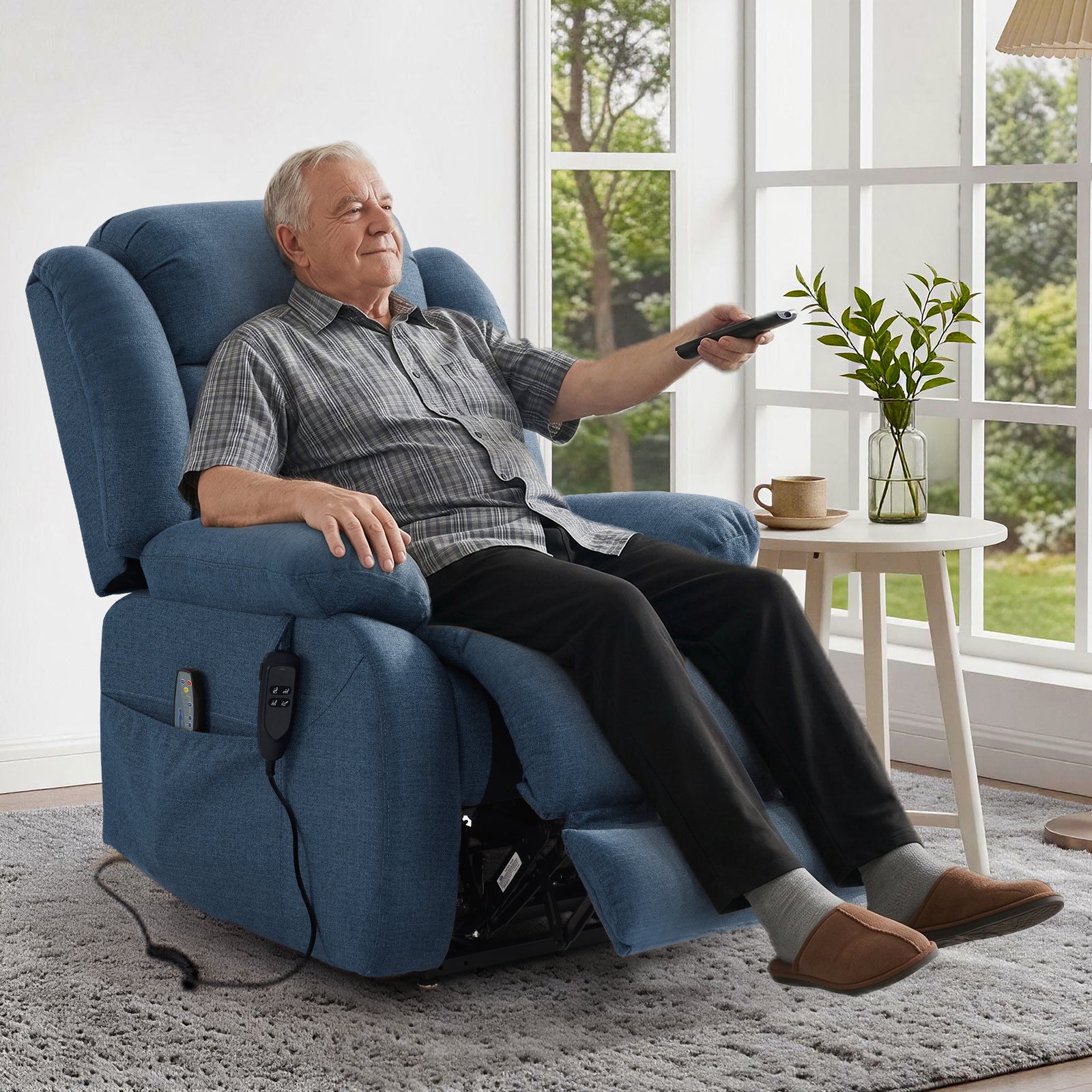 TEKAMON Infinite Position Lift Recliner Chair for Elderly with Heat and Massage Lay Flat Sleeping Power Lift Chair, Linen Fabric, Blue
