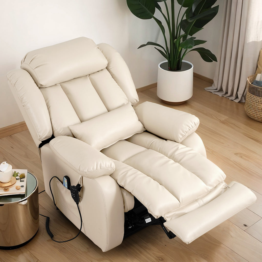 TEKAMON Infinite Position Lift Recliner Chair for Elderly with Heat Massage and Extended Footrest Lay Flat Sleeping Leather Dual Motor Power Lift Chair for Living Room (Beige)