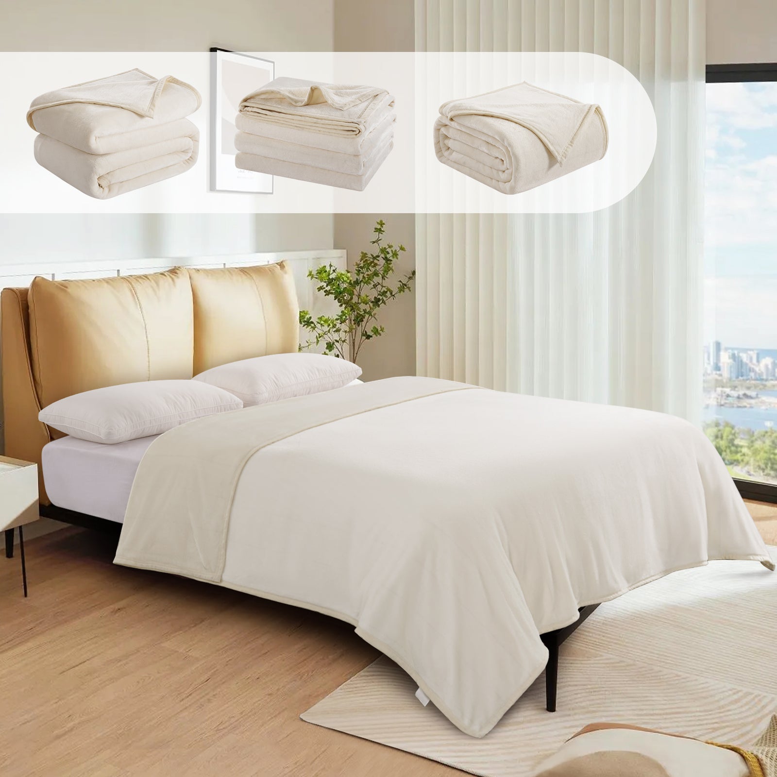 TEKAMON Fleece Bed Blankets Queen Size Plush Fuzzy Soft Lightweight Breathable Reversible Blanket Microfiber, 90"x90", Ivory