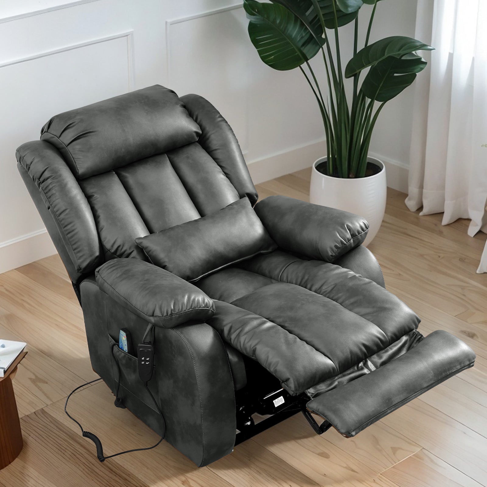 TEKAMON Infinite Position Lift Recliner Chair for Elderly with Heat Massage and Extended Footrest Lay Flat Sleeping Leather Dual Motor Power Lift Chair for Living Room (Grey)