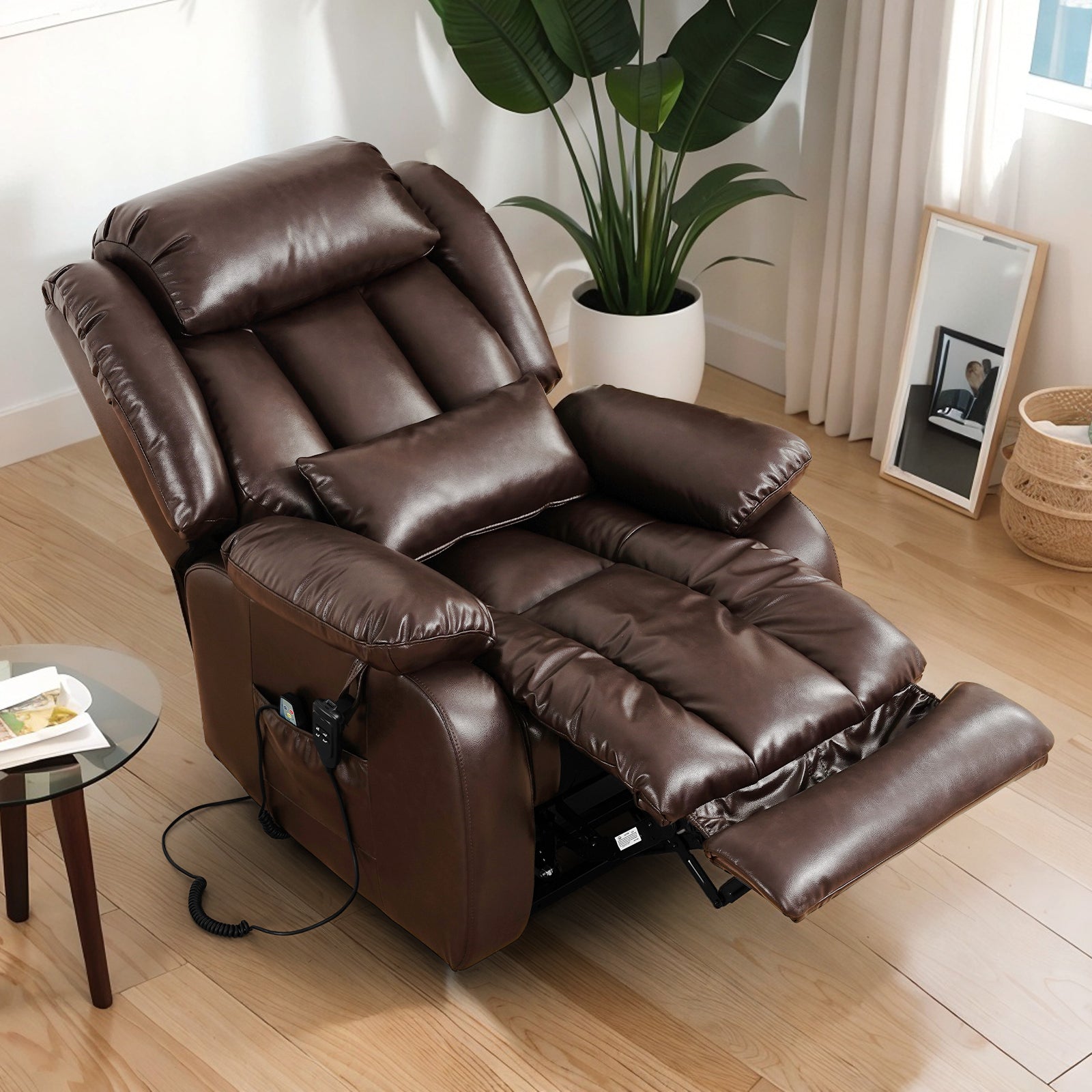 TEKAMON Power Lift Chair Recliner for Elderly with Heat and Massage, Lay Flat Sleeping Recliner Dual Motor Infinite Position Leather Lift Chair for Living Room (Brown)