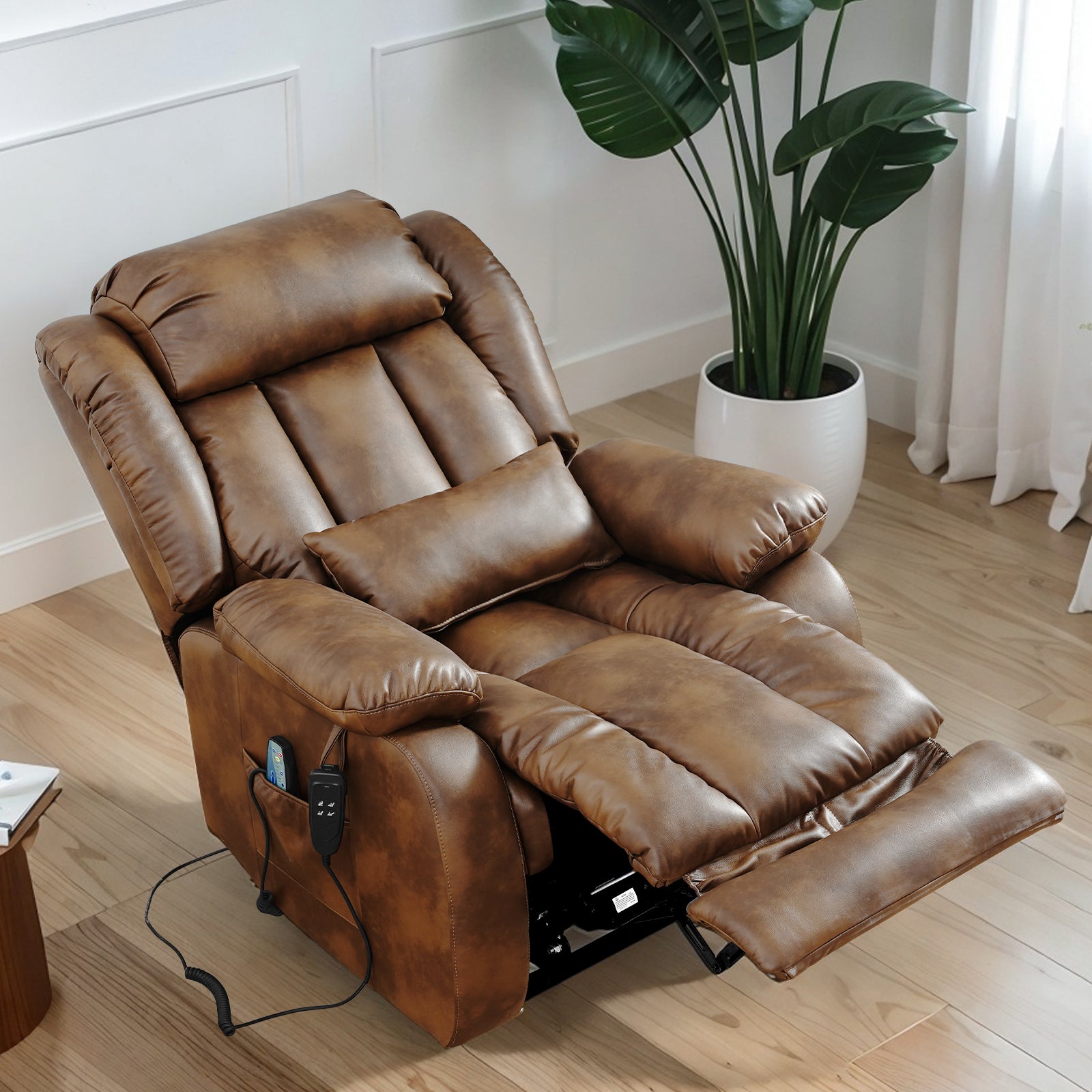TEKAMON Infinite Position Lift Recliner Chair for Elderly with Heat Massage and Extended Footrest Lay Flat Sleeping Leather Dual Motor Power Lift Chair for Living Room (Beige)
