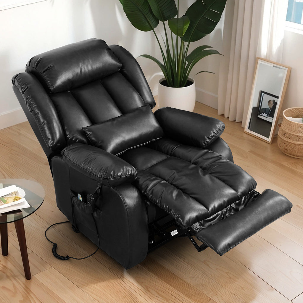 TEKAMON Infinite Position Lift Recliner Chair for Elderly with Heat Massage and Extended Footrest Lay Flat Sleeping Leather Dual Motor Power Lift Chair for Living Room (Black)
