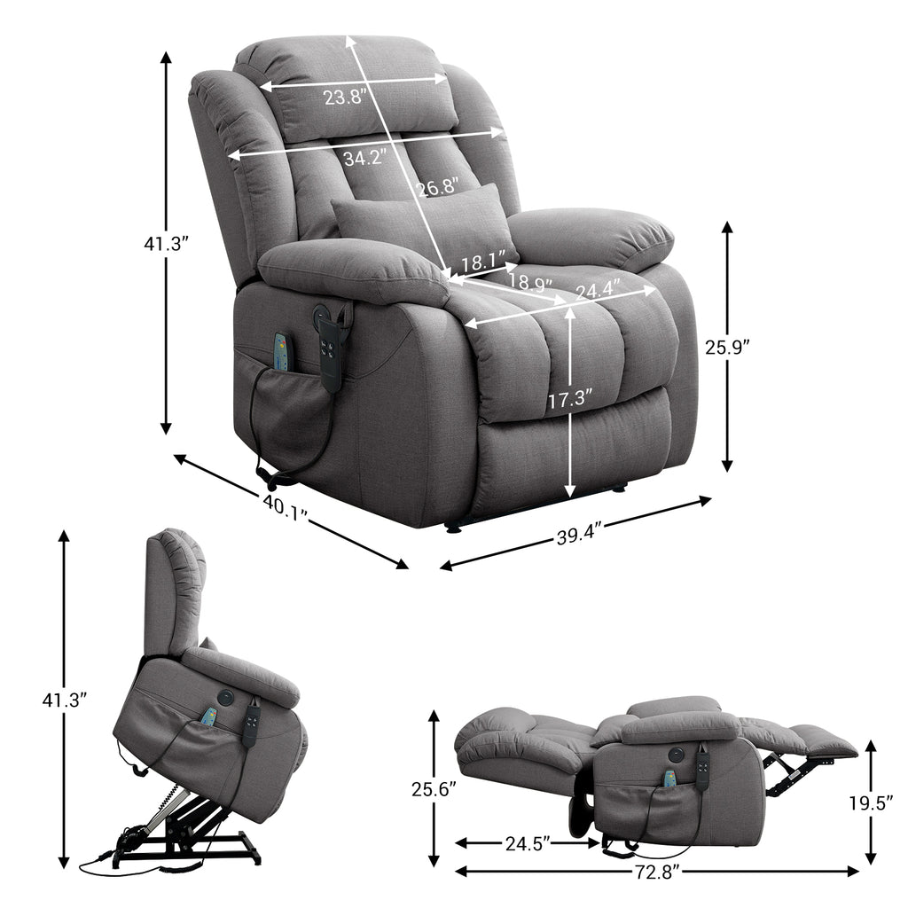TEKAMON Infinite Position Lift Recliner Chair for Elderly with Heat and Massage Lay Flat Sleeping Power Lift Chair, Linen Fabric, Grey