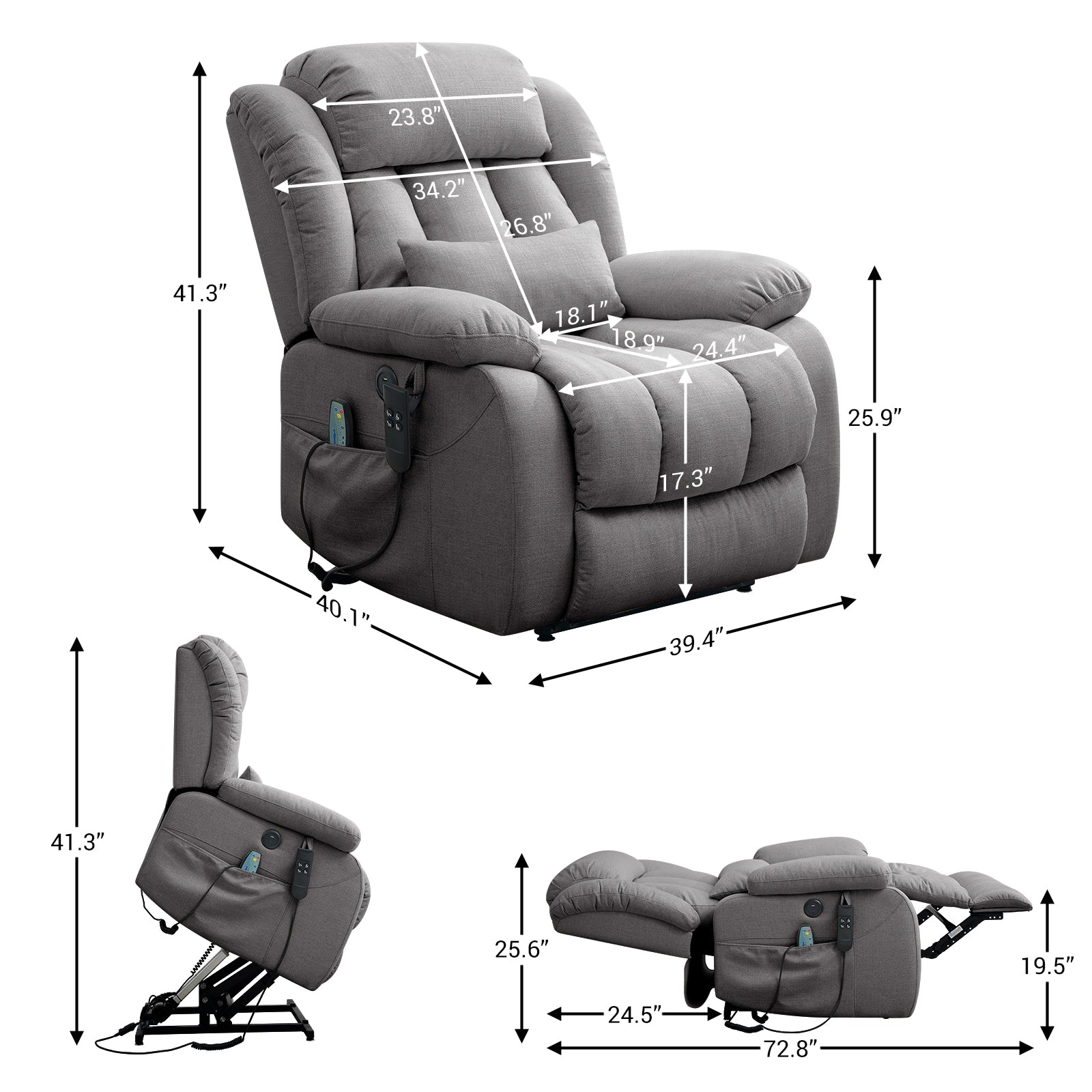 TEKAMON Infinite Position Lift Recliner Chair for Elderly with Heat and Massage Lay Flat Sleeping Power Lift Chair, Linen Fabric, Grey