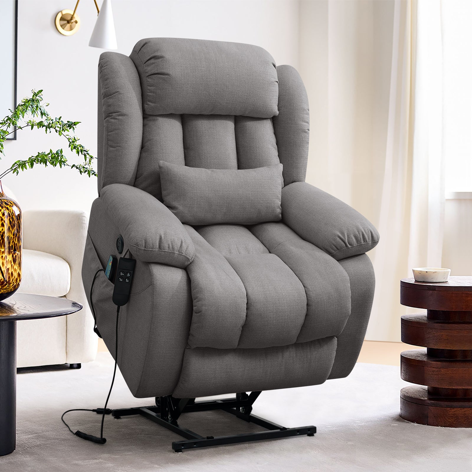 TEKAMON Infinite Position Lift Recliner Chair for Elderly with Heat and Massage Lay Flat Sleeping Power Lift Chair, Linen Fabric, Grey